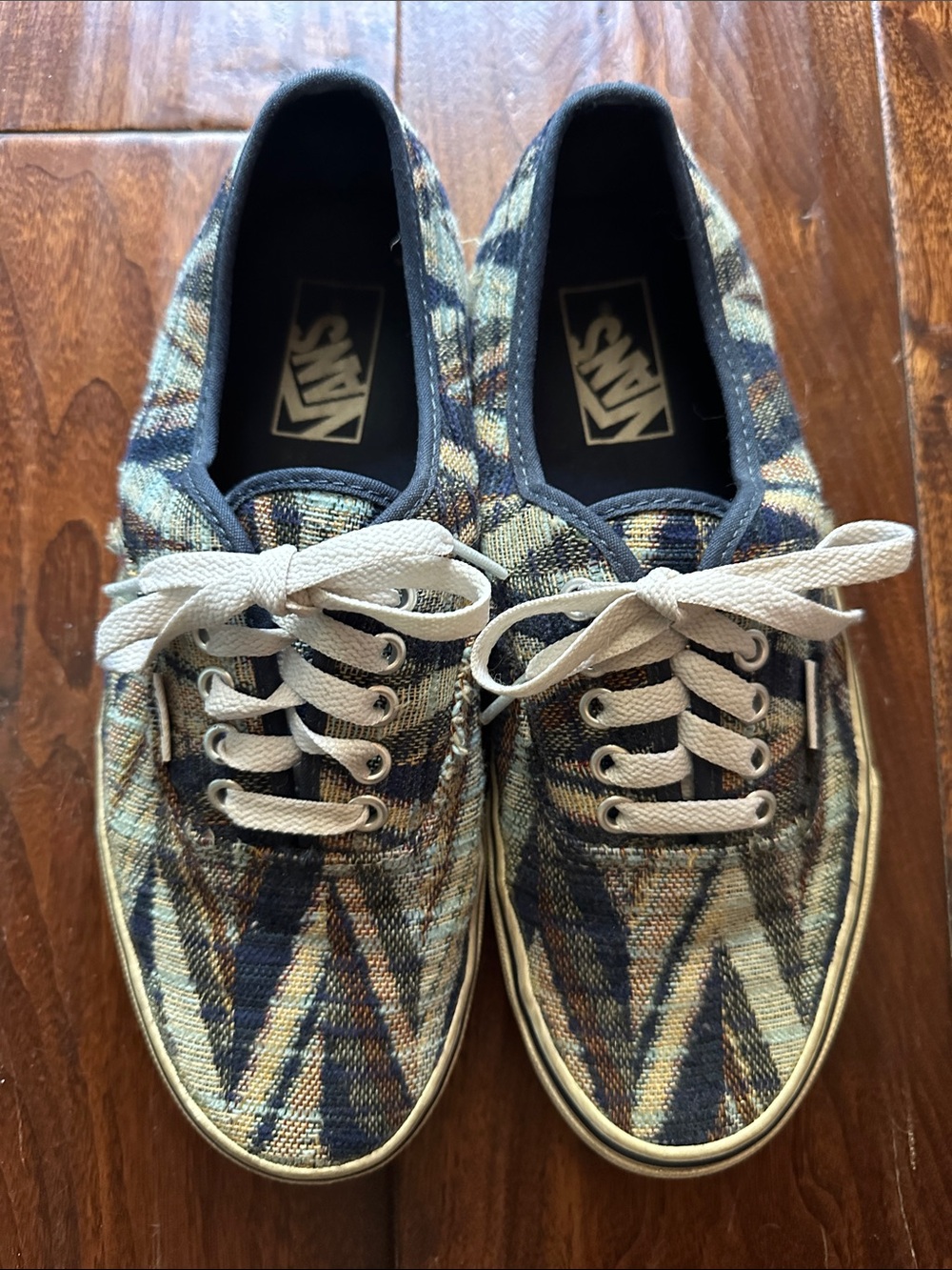 Vans Aztec-Pattern Lace-Up Sneakers in Blue, Brown and Cream